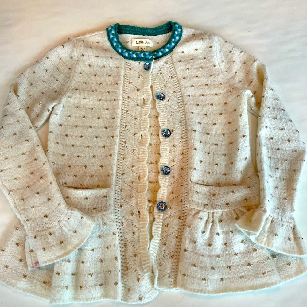 Matilda Jane girls cream and gold sweater cardigan with jeweled buttons size 6